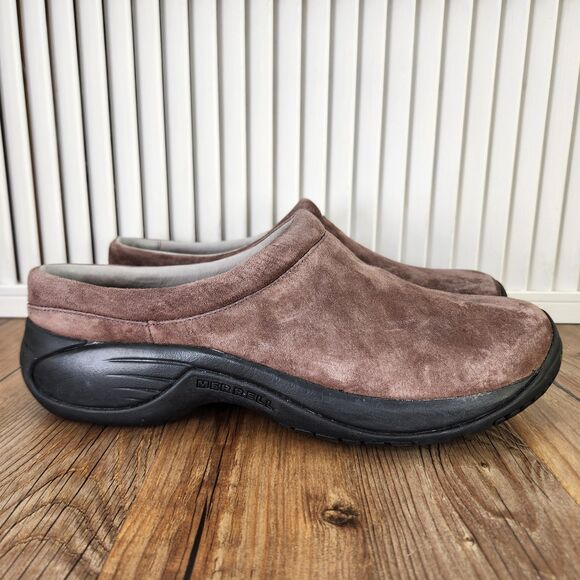 Merrell Encore Chill Espresso Mens Sz 9.5 Brown Suede Slip On Clogs Shoes J49711 - Picture 1 of 10